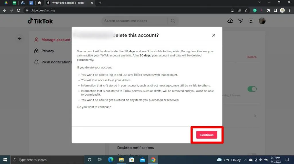  how to delete tiktok account without password